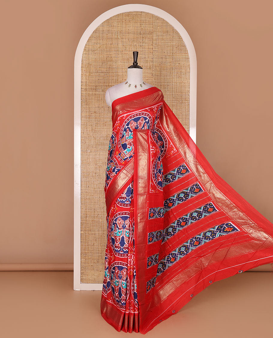 Red pochampally style bird motifs enclosed circles printed dola silk saree, zari border, ikkat pallu, and matching printed blouse