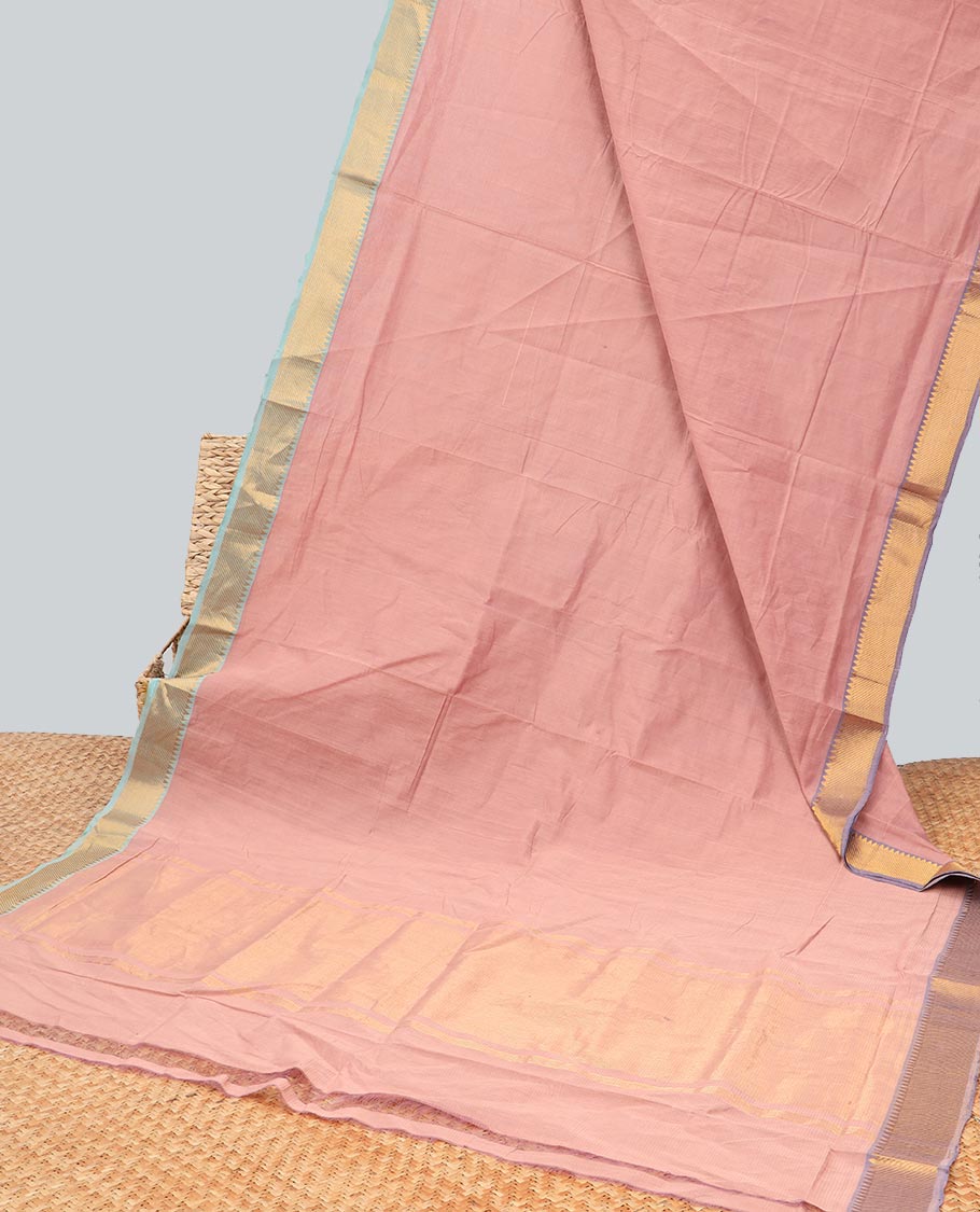 baby pink mangalagiri cotton saree with contrast zari design border & striped pallu