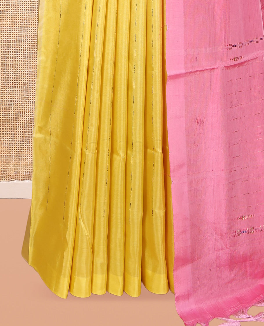 Borderless Yellow Banana Pith Saree, Woven with Buttas, a Contrast Pallu of Stripes, and a Contrast Blouse