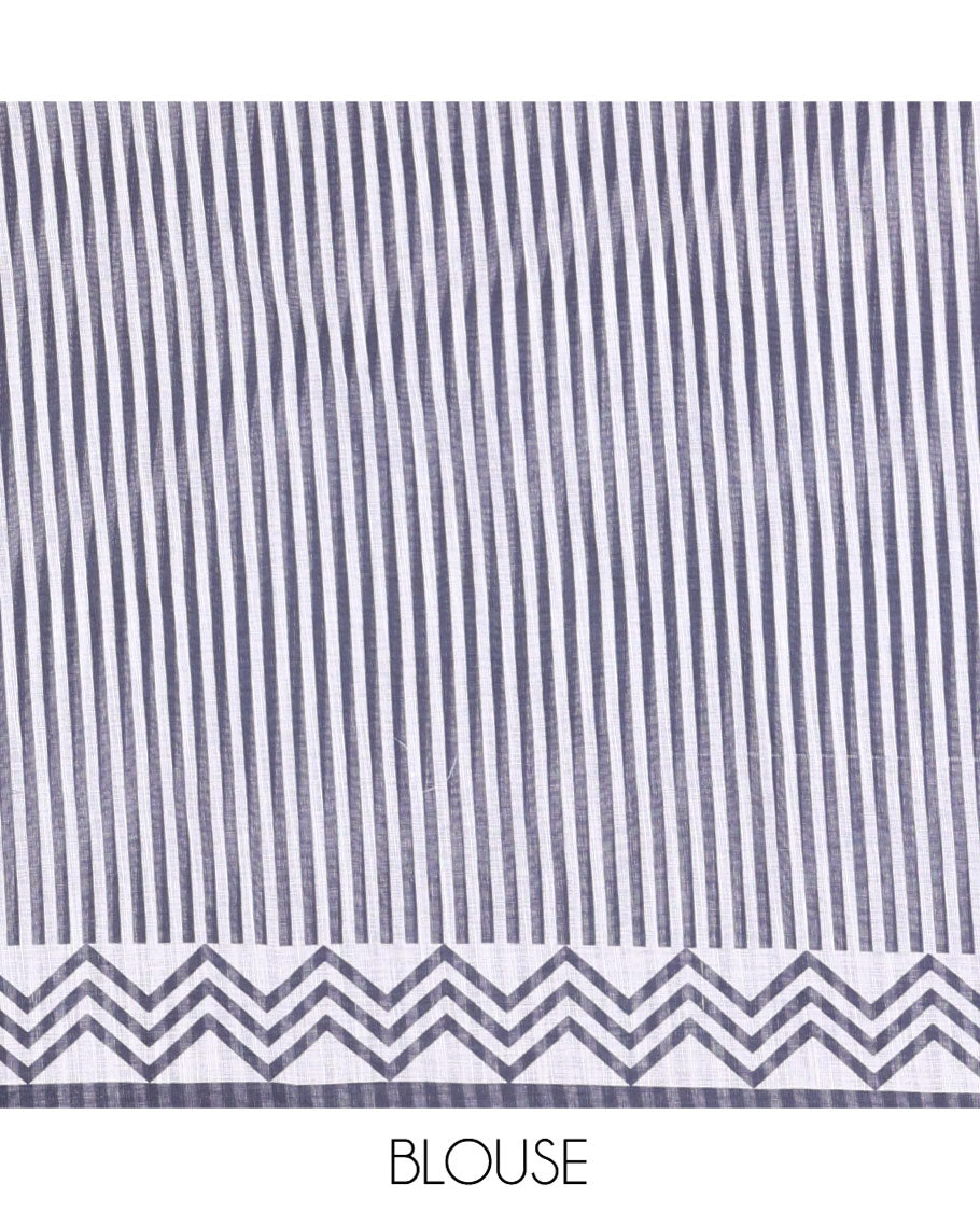 Lavender-Violet Linen Cotton Saree, Beautified with Ombre-Style Dyed with Mirror Work Across Its Body, Subtly Sparkled Scallop Thread Border, Pallu Steeped with Stripes and Mirror Work, and Paired with a Contrast Vertical Stripes Printed Blouse