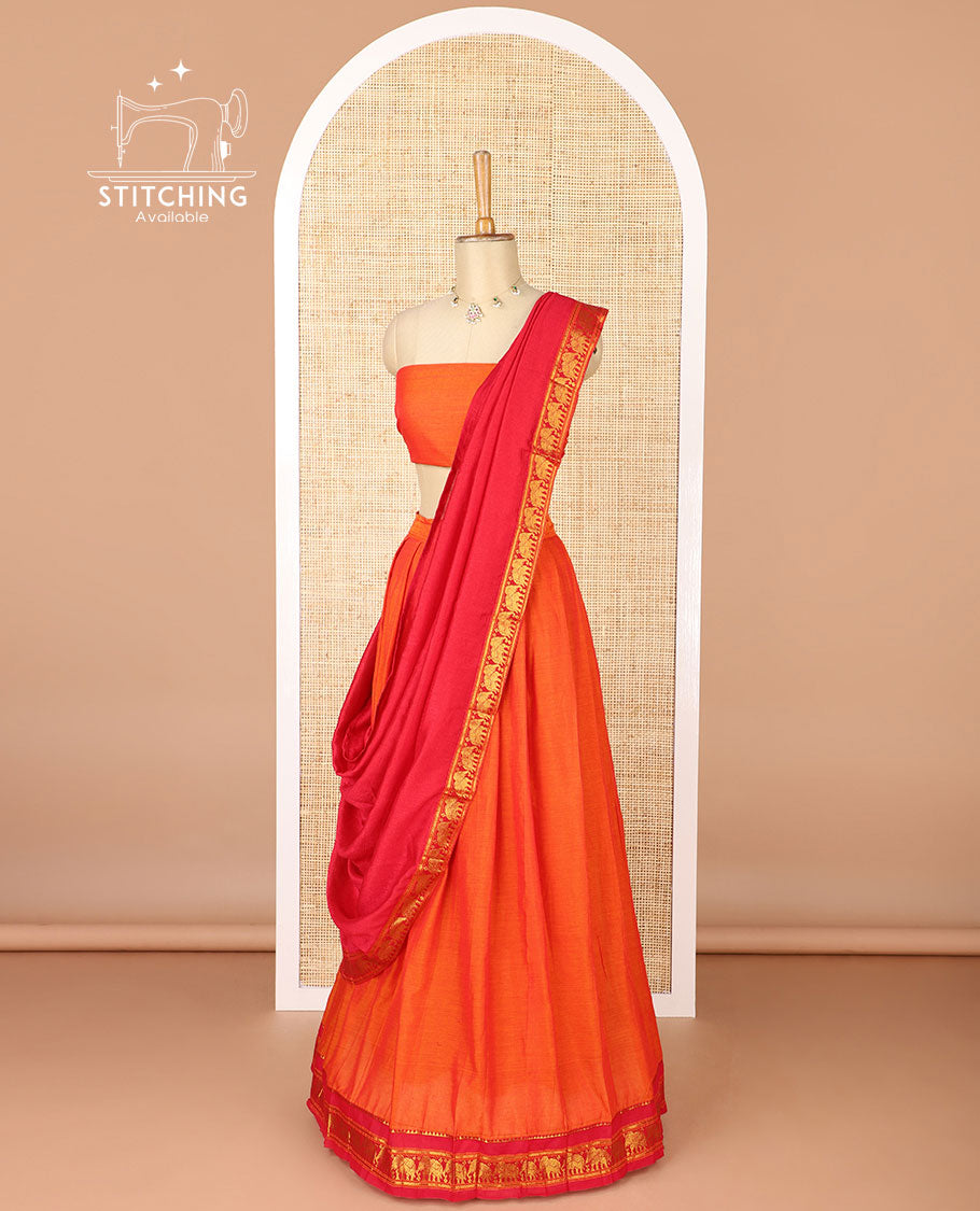 Orange mercerised cotton daman zari border half saree with cotton blouse & skya georgette one side zari border dhavani