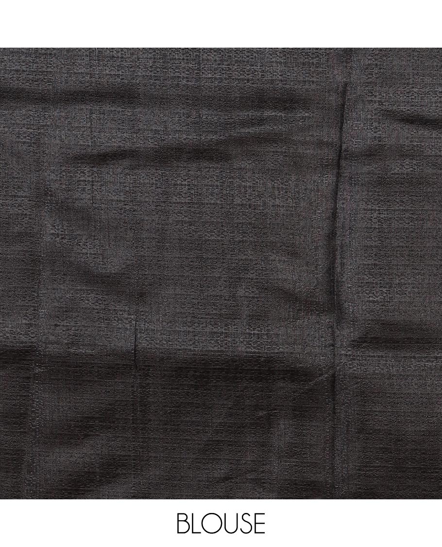 Black batik-style geometric motifs block printed khadi cotton saree,contrast border, batik floral print pallu & plain black blouse