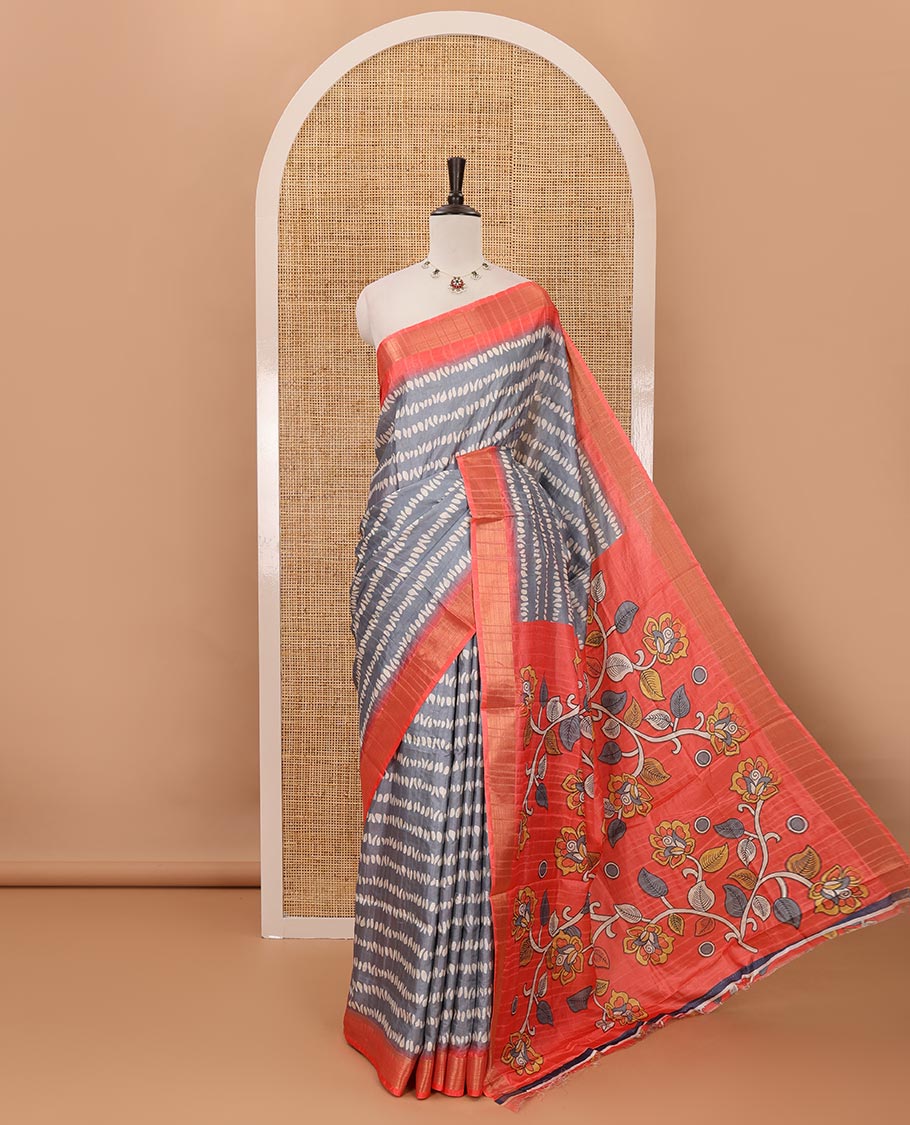 Grey uniquely printed soft tussar saree, contrast zari border, kalamkari floral vine printed pallu & kalamkari printed blouse