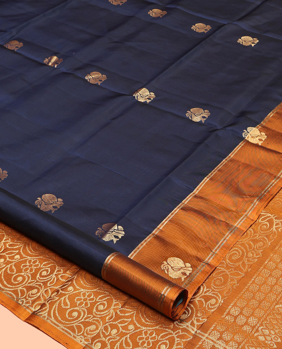 Blue Mayuri Lite Silk Mix Saree, Ornamented with Peacock Buttas, Complemented by a Contrast Peacock Border, Pallu of Vine Designs, and a Contrast Blouse