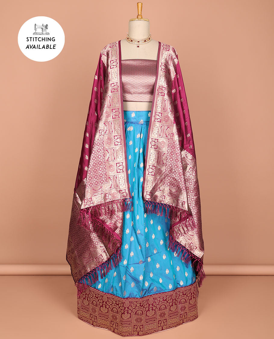 Light blue floral motifs banaras half saree with contrast intricate zari design border, zari design blouse & floral zari design dhavani