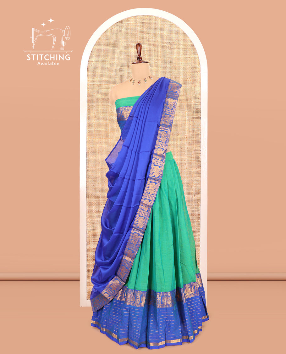 Rama-Royal Blue Mercerised Cotton Half-Saree, Contrast Annam Bordered Skirt,Matching Blouse,Contrast Dhavani