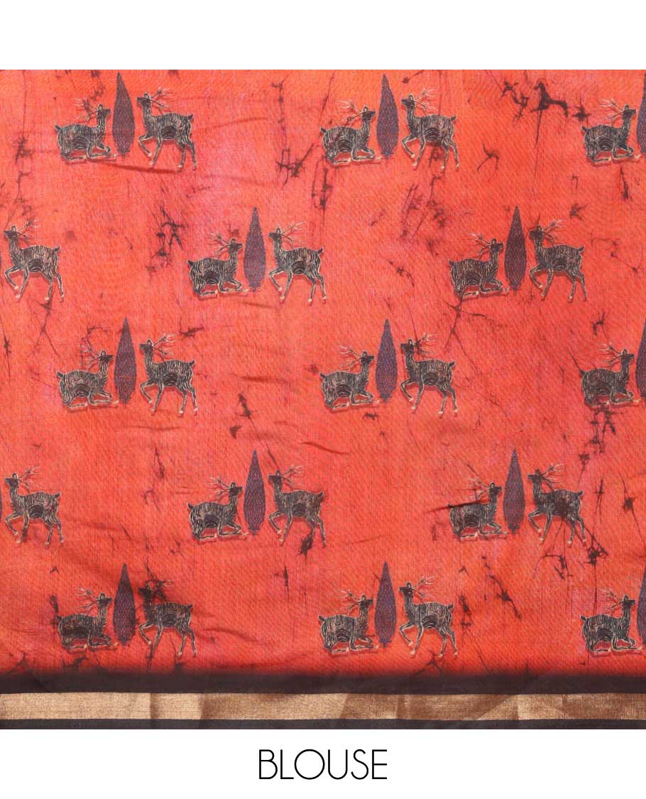 Red deer, hand block digital printed muslin cotton saree with zari, dee printed border & printed pallu along with printed blouse