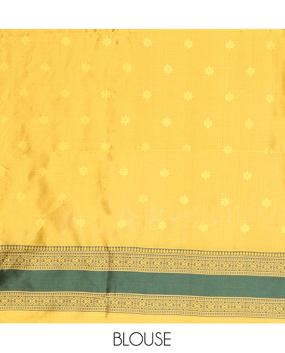 Yellow Kanchi Silk Saree, Subtly Woven with Floral Thread Buttas All Over Its Body, Complemented by a Contrast Border of Temple Traditional Motifs, Jaal Pallu, and Paired with a Matching Blouse