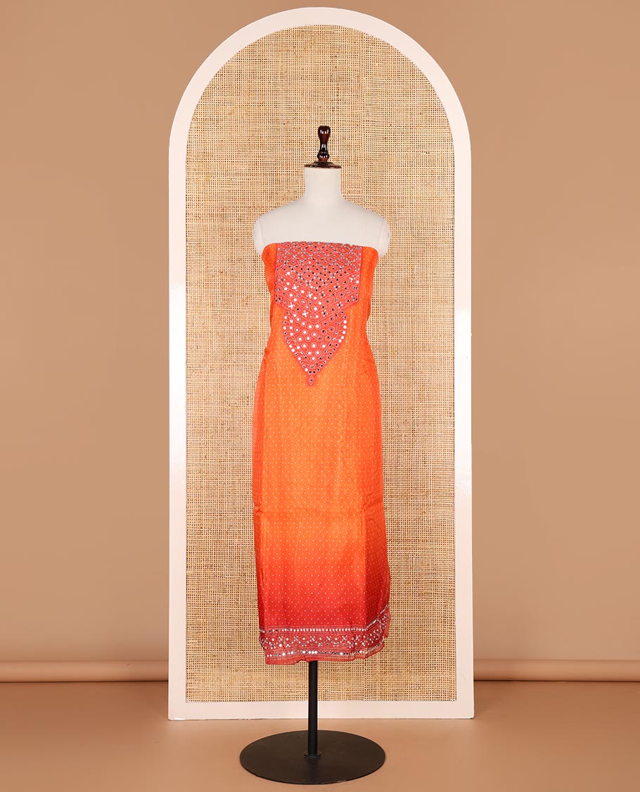 Orange double shaded bhandani print organza chudidhar material top with santoon material pant & bhandani print, mirror work dupatta