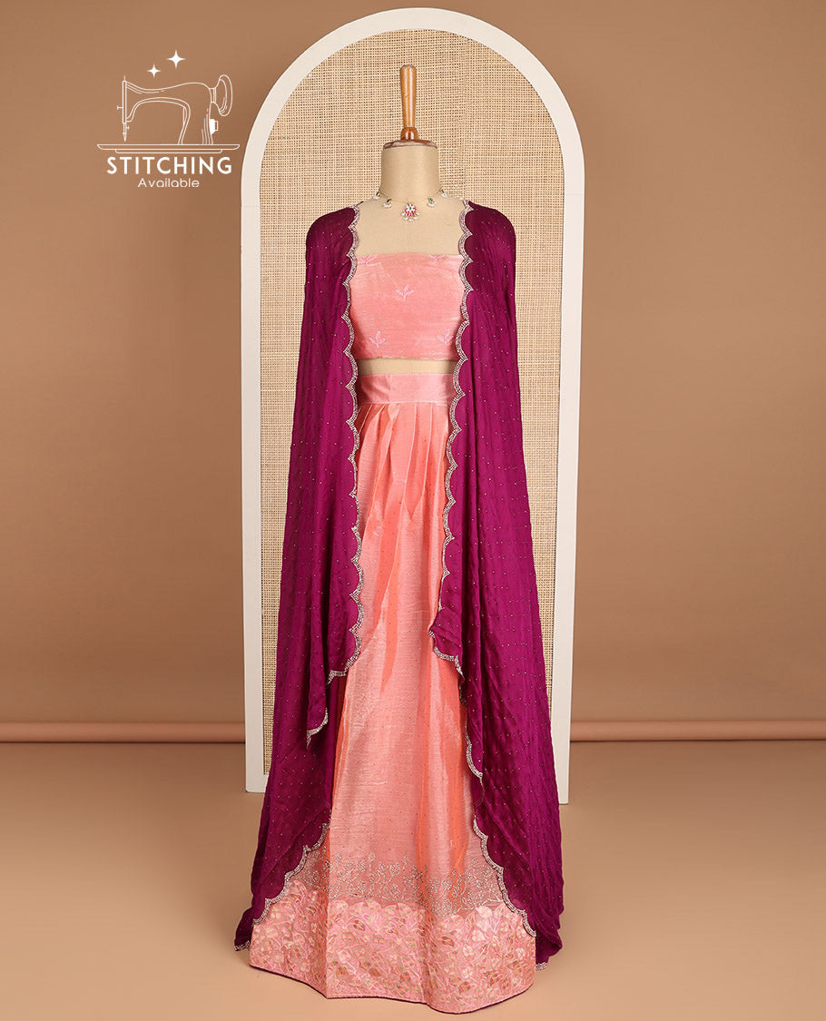 Peach floral embroidery organza half saree with embroidered blouse & scallop border dhavani