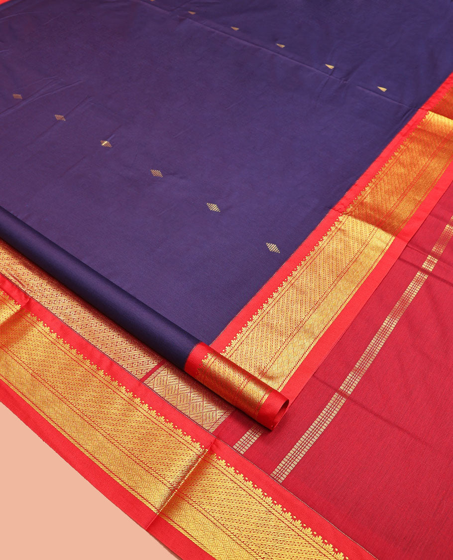 Blue Nine-Yard Art Silk Saree, Adorned with Buttas All Over Its Body, Complemented by a Contrast Traditional Zari Design Border, Gandly Zari Decked Up Pallu, and Comes Without a Blouse