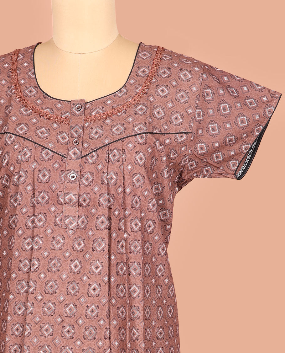 Brown Cotton Nighty Elevated with Diamond Patterns Print, Featuring Lace Work, Round Front Neck, and Half Sleeves