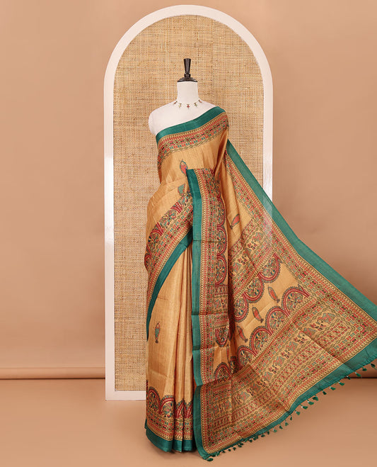 Lemon yellow madhubani-style fish printed khadi cotton saree, floral printed border, madhubani printed pallu & contrast polka dots printed blouse