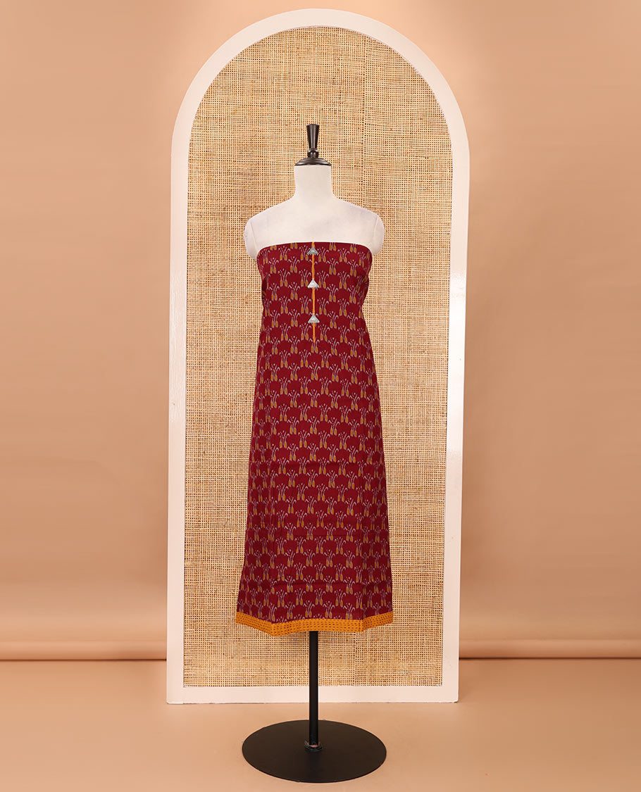 Maroon flex cotton material chudidar set, ikkat printed & oxidised charm woven top, contrast bottom & negative printed dupatta