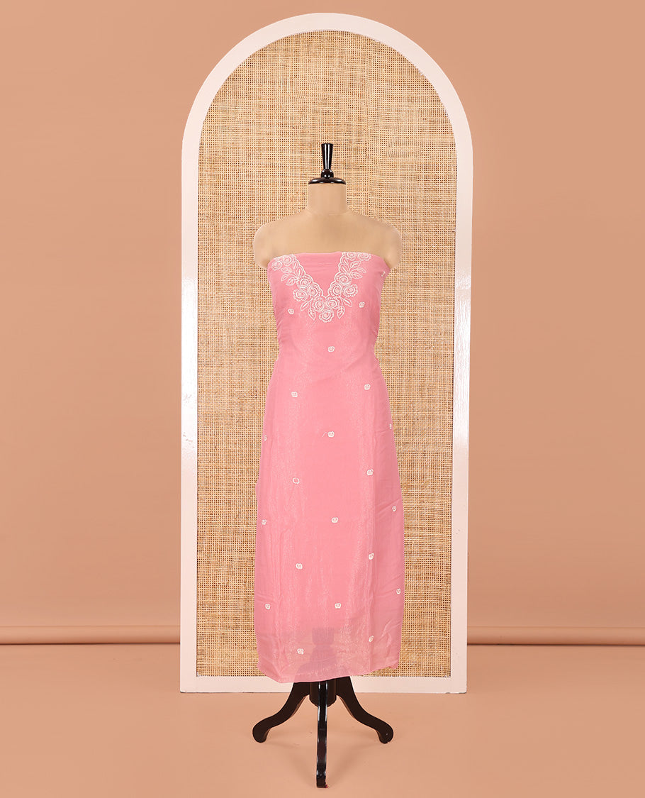 Pink Shimmer Georgette Material Chudidar Set, Artfully Detailed with Floral Thread Embroidery on Its Top, a Plain Santoon Bottom, and Comes with a Floral Embroidered Shimmer Georgette Dupatta