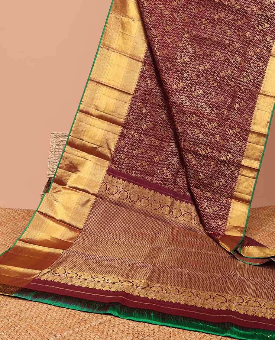 Marron jacquard kancheepuram silk saree with thilakam mokku, banaras paun, checked design & zari design pallu
