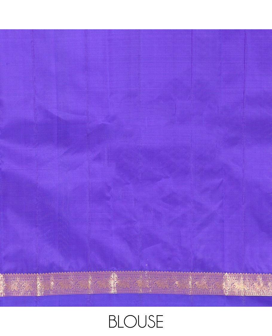 Violet Vasundhara Silk Saree, Elevated with Mayil and Yaanai Buttas, a Kal Eragina Border of Yaanai, and Neli Designs, Richly Woven Pallu, and a Matching Blouse