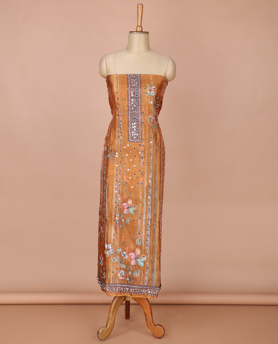 Mustard floral print,mirror work organza chudidhar material top with santoon material pant & floral print, mirror work dupatta