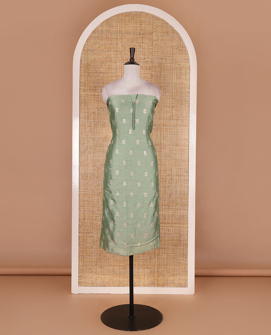 Pista green Vichitra silk material churidar set, floral motifs embroidered top, contrast Santoon bottom, and floral vine thread embroidered scallop dupatta