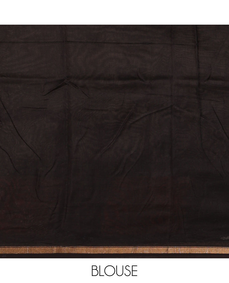 Grey hand block batik printed chanderi cotton saree with black wax, checked border & black wax printed pallu along with plain blouse