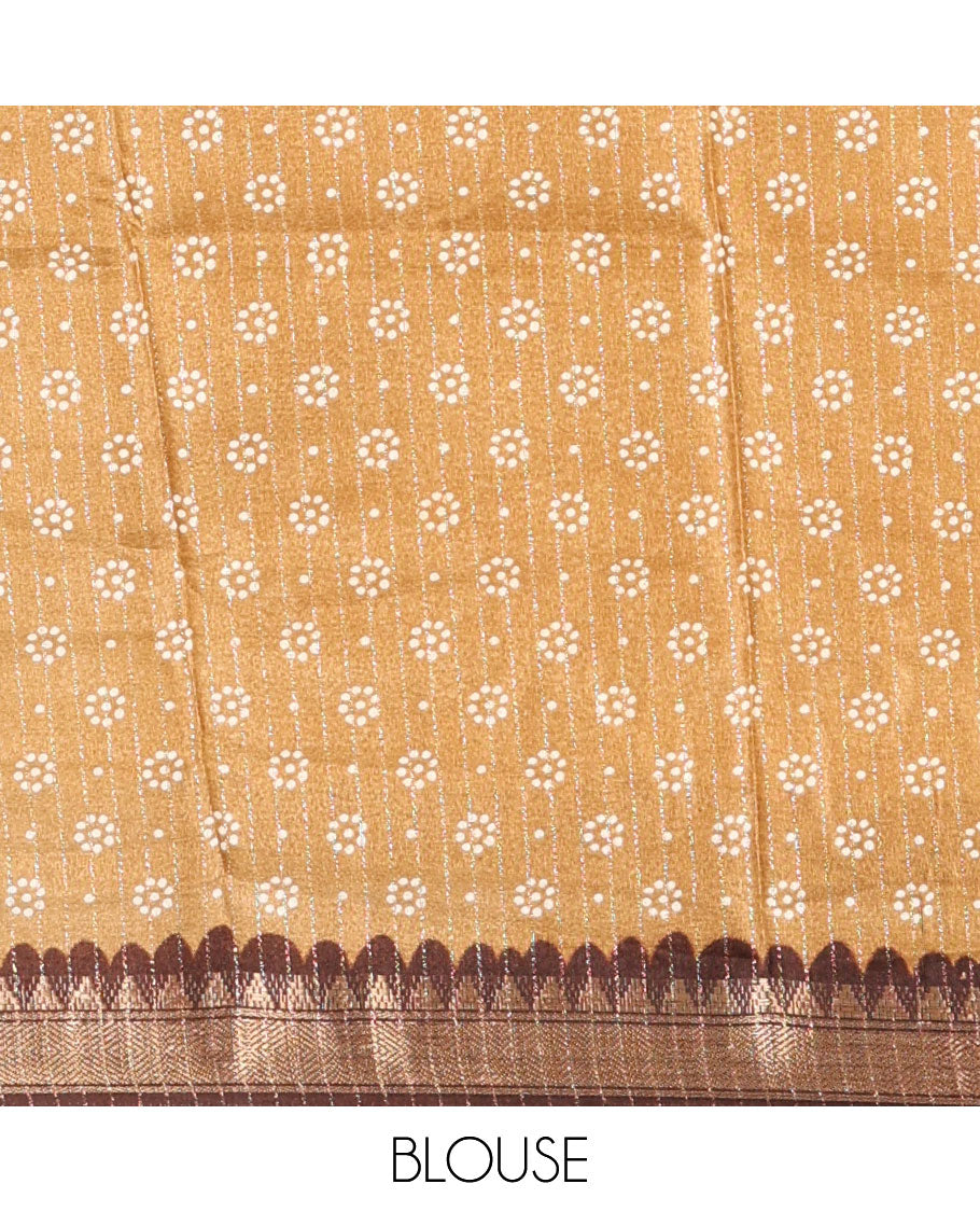Brown zari striped & batik-paisley dola silk saree,contrast traditional zari border,printed pallu & zari striped & butta print blouse