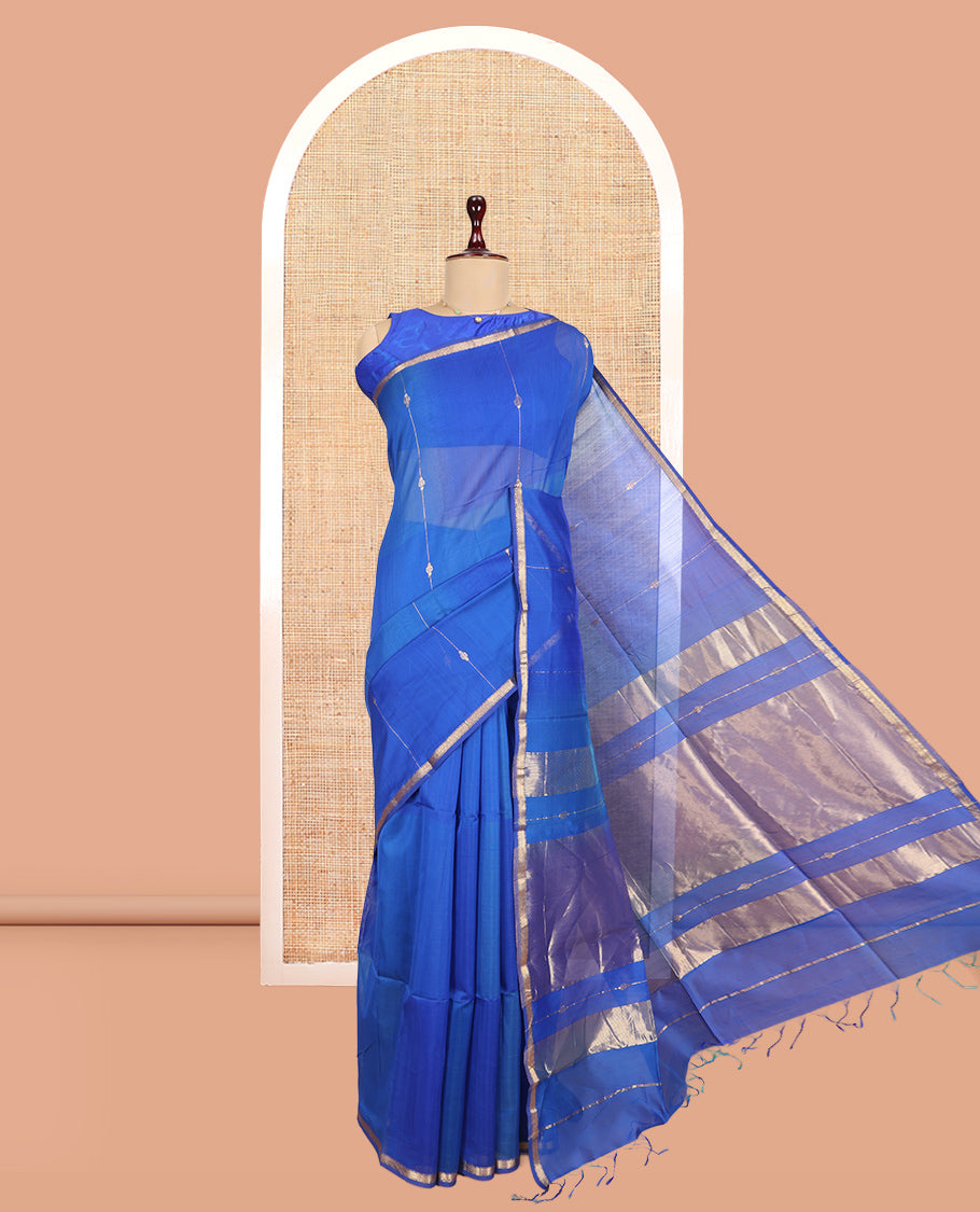 M.s Blue Maheshwari Cotton Saree, Accentuated with Zari Stripes, a Piping Zari Border, Gleaming Zari Pallu, and a Matching Blouse