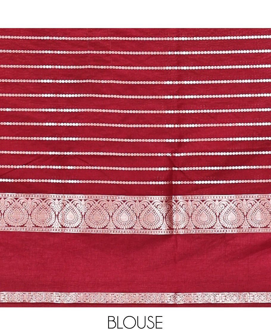 Maroon Assam Silk Saree, Gleamed Up with Zari Stripes, Highlighted by a Traditional Border, a Self-Pallu, and a Matching Blouse