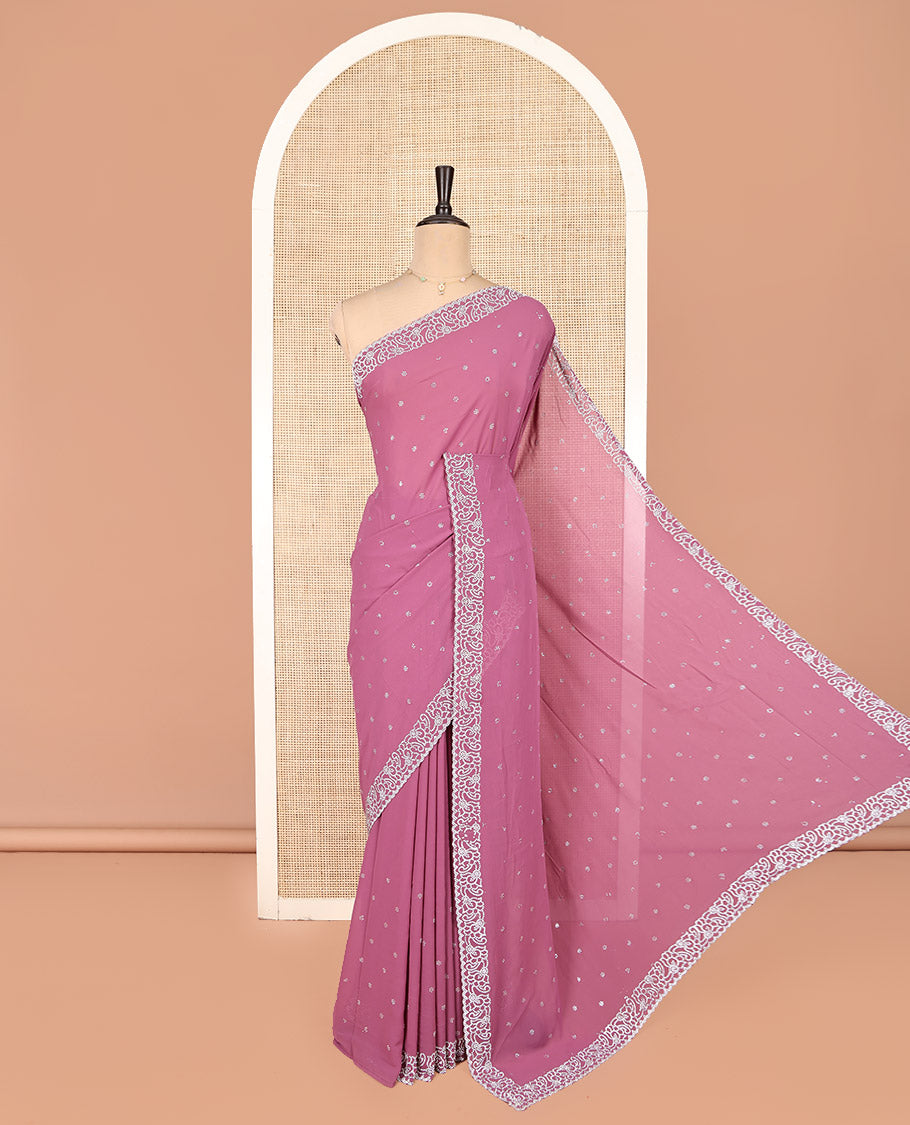 Pink Designer Saree, Gleamed Up with Micro-Stone Work, Scallop Micro-Stone Work Border, a Self-Pallu, and a Matching Blouse