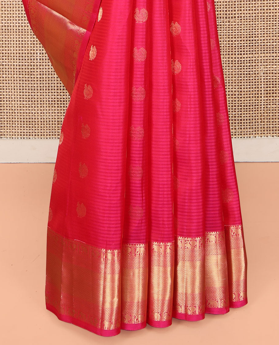 Pink Kanchipuram Silk Saree, Adorned with Mayil Buttas on Its Body, Highlighted by a Zari Border of Rekku, Mayil, Yaanai, and Mayil Kann Designs, Grand Pallu of Chevron Designs, and Paired with a Matching Blouse
