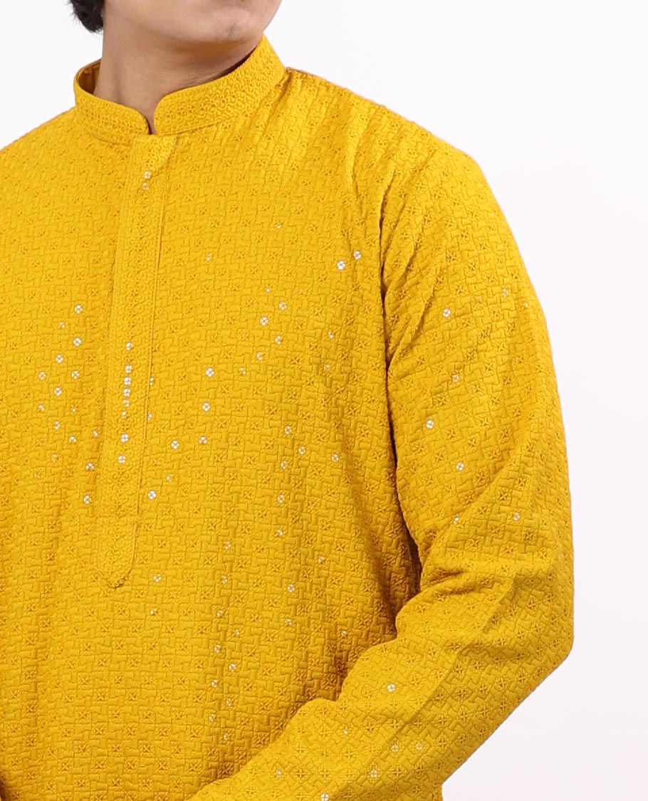 Mustard geometric embroidery with sequins work mandarin collar & full-sleeve long raw silk kurta
