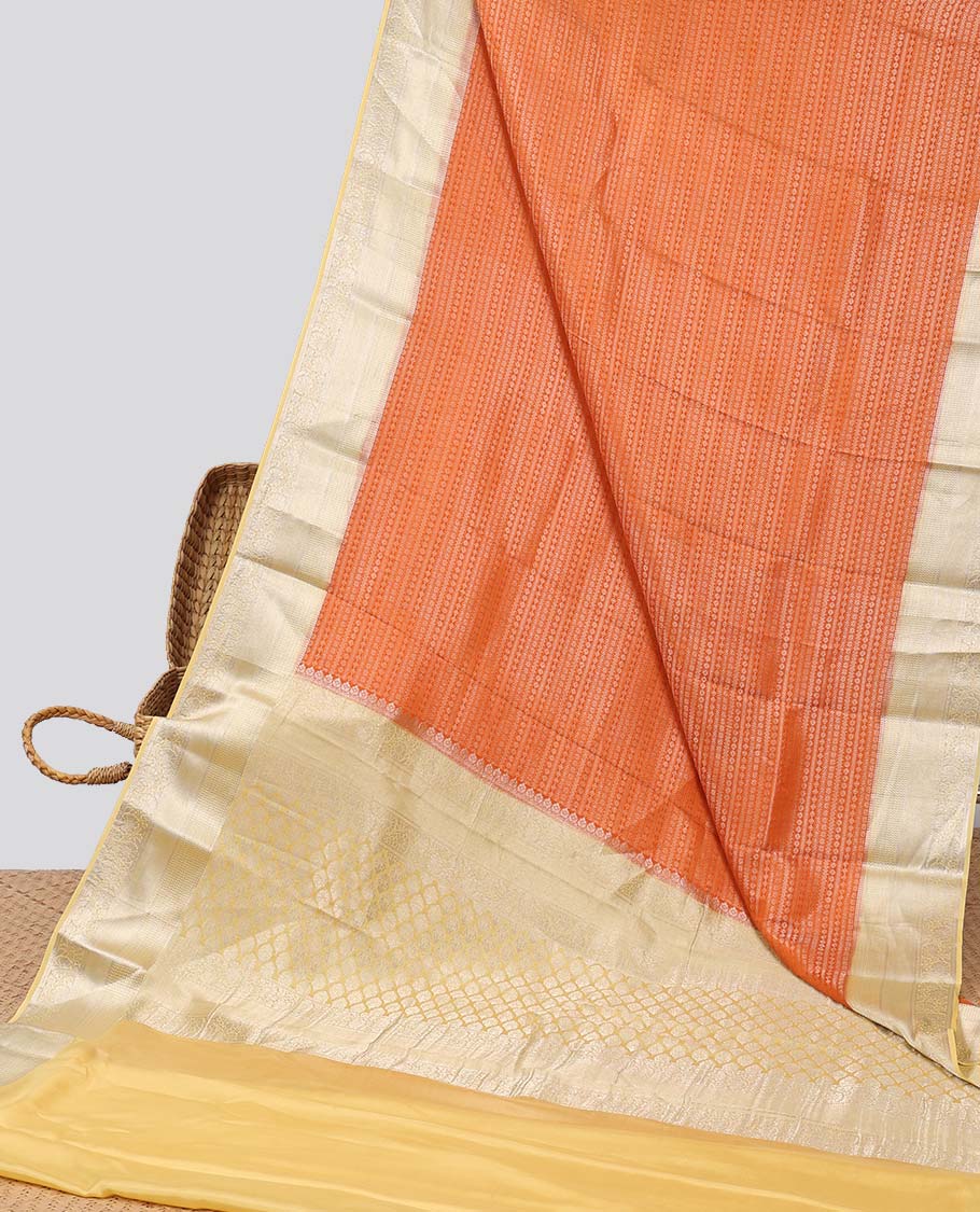 Orange striped design mysore silk saree with contrast zari border & pallu of argyle design