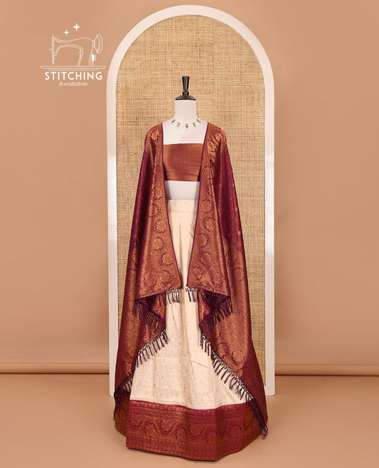 Cream-purple half-saree, zari jacquard & contrast traditional zari border banaras softy skirt, semi-banaras jacquard blouse & contrast zari design blouse