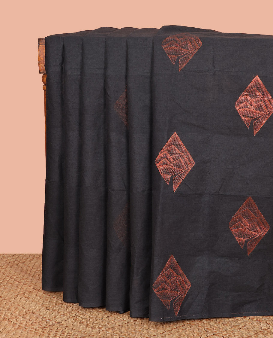 Borderless Black Coimbatore Cotton Saree, Elevated with Diamond Buttas All Over Its Body, Zari Decked Up Pallu of Geometric Patterns, and Paired with a Plain Matching Blouse