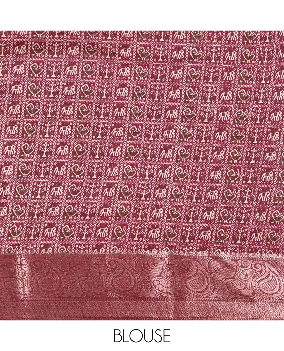 Chikku-purple vertical striped, and animal motifs printed dola silk saree, contrast manga motifs zari woven border, animal motifs printed pallu, and a contrast printed blouse