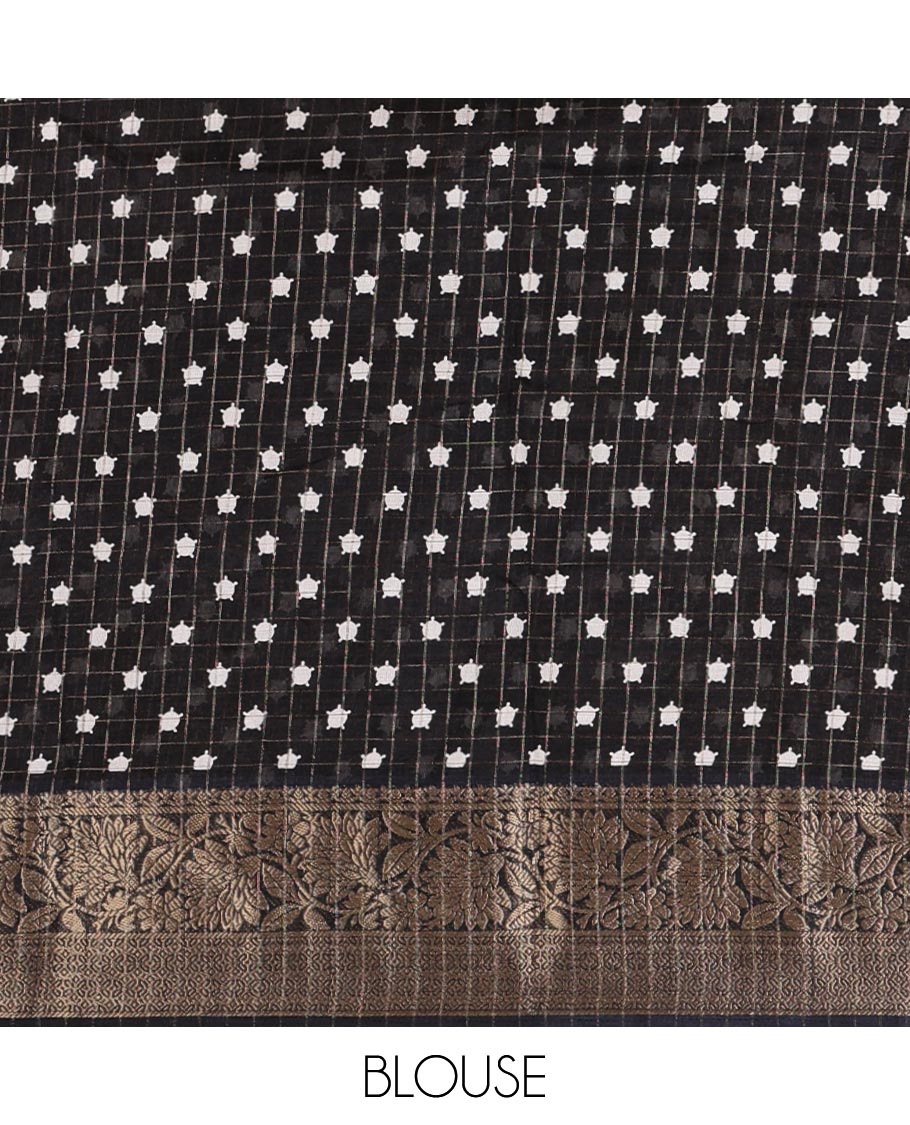 Cream checked & kalamkari-floral & bird dola silk saree, contrast traditional zari black border, kalamkari bird print pallu & printed blouse