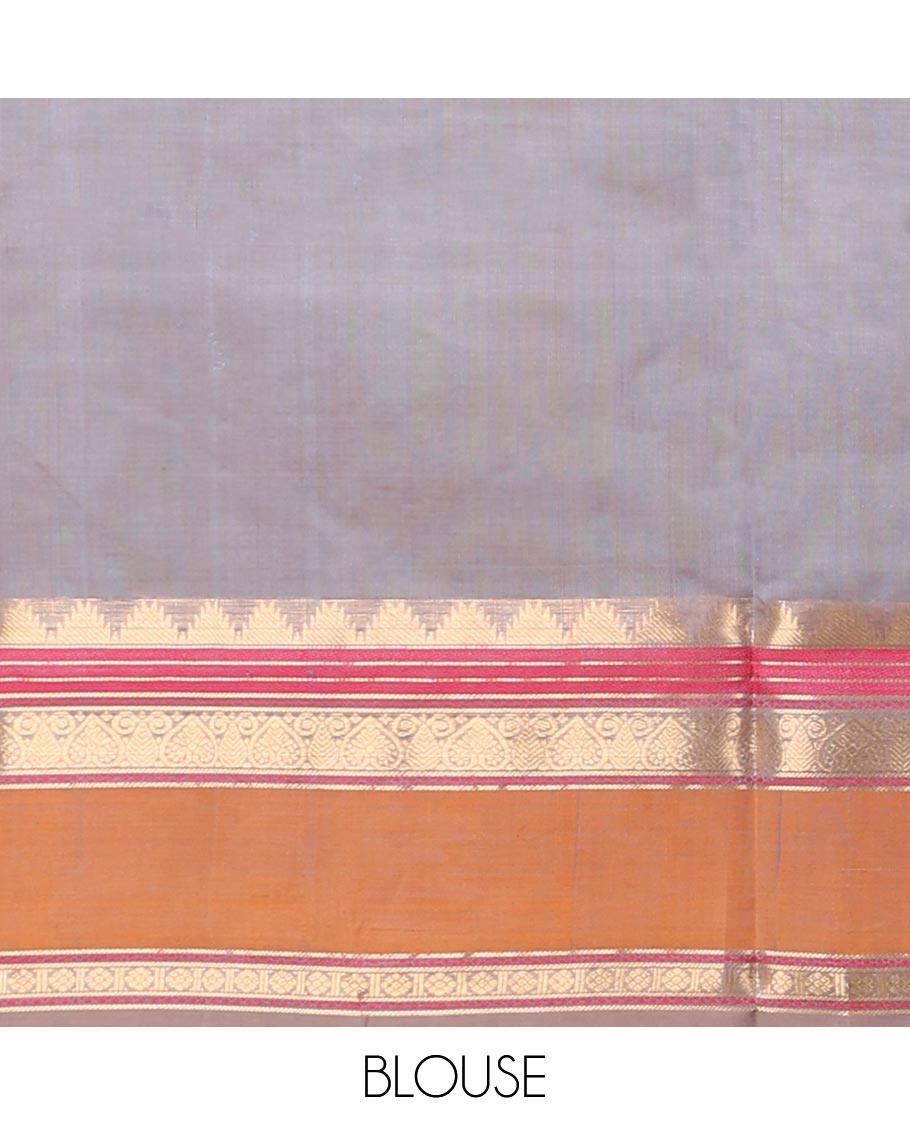 Grey motifs enclosed with checked cotton silk saree with contrast striped border & zari bhavanji pallu