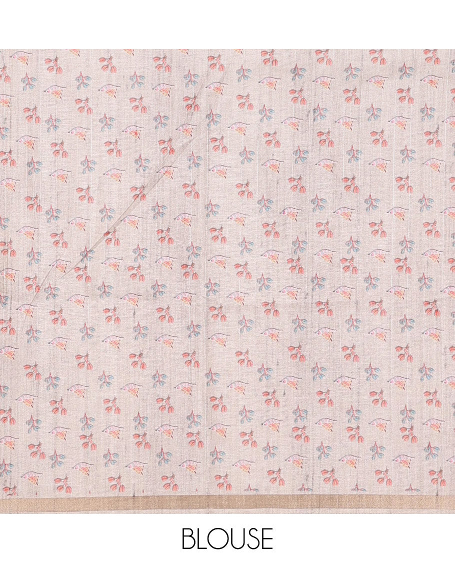 Grey Madhubani painting style deer and sparrow motifs printed semi-tussar silk saree, contrast temple border, Madhubani style pallu, and contrast bird and floral buttas printed blouse