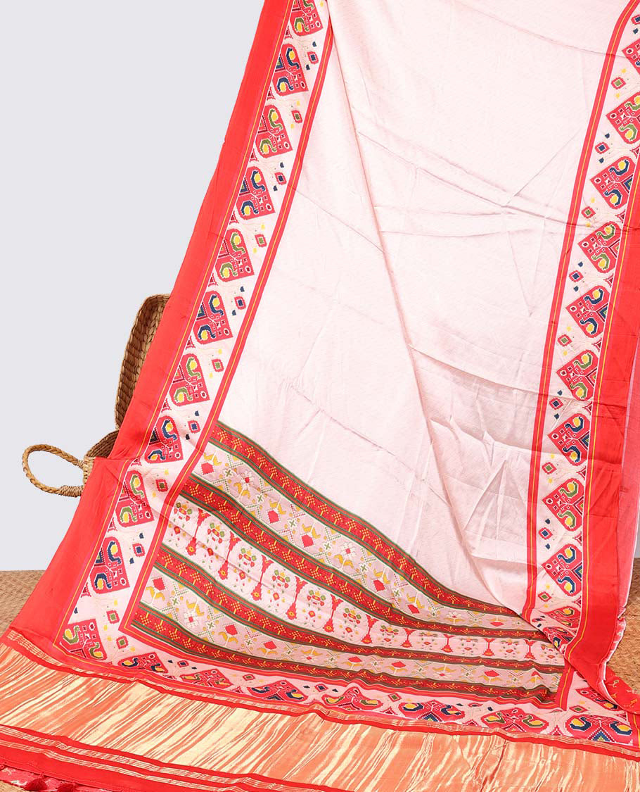 Cream semi-banaras printed saree with contrast ikkat design border & pallu of intricate design