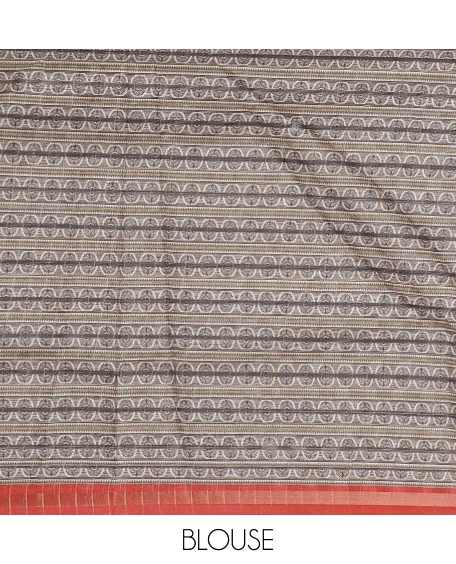 Multi-color ombre-style dyed bandhani dots print checked khadi tussar saree,piping printed border,flora-fauna printed pallu & contrast printed blouse