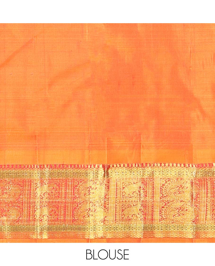 Red paisley buttas kanchipuram silk saree with contrast border of intricate zari design border & zari design pallu