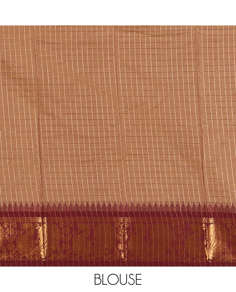 Green zari checked semi-taffeta silk saree, contrast annam motifs zari woven temple border, striped pallu & contrast striped zari border blouse