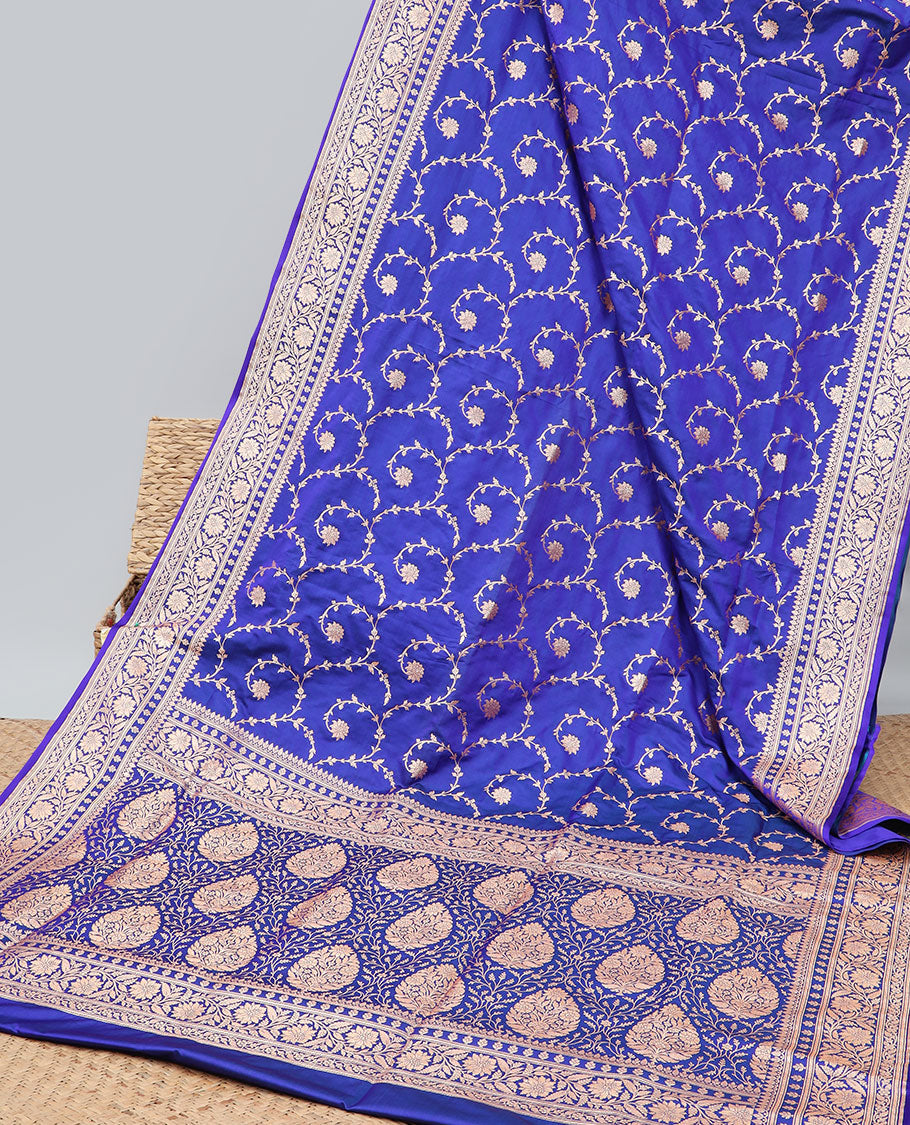 Blue leaf vine design banaras silk saree with self zari design border & floral zari design pallu