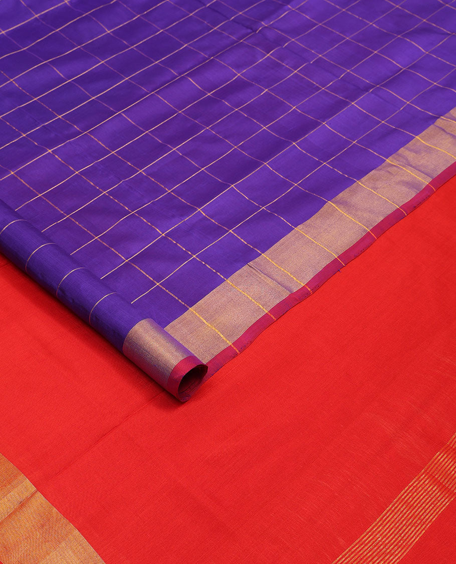 Blue checked uppada saree with contrast striped border & zari pallu