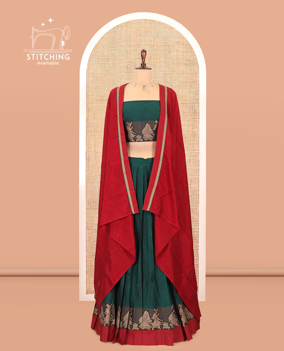 Green Mercerised Cotton Half-Saree Features a Plain Skirt, a Contrast Wedding-Themed Border, a Matching Blouse, a Contrast Dhavani