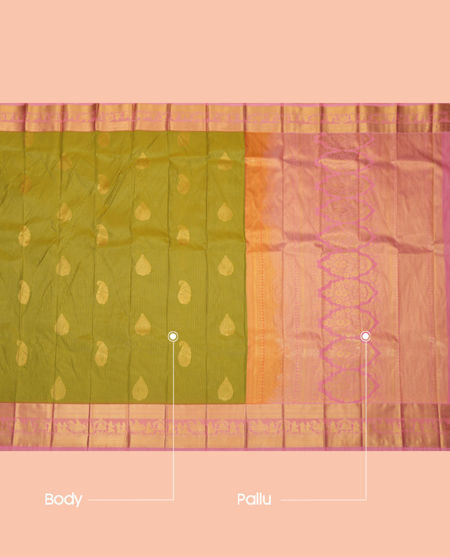 Green Budget Silk Saree, Adorned with Paisley Buttas and Stripes, a Contrast Traditional Wedding Themed Zari Border, a Grand Pallu and a Contrast Blouse
