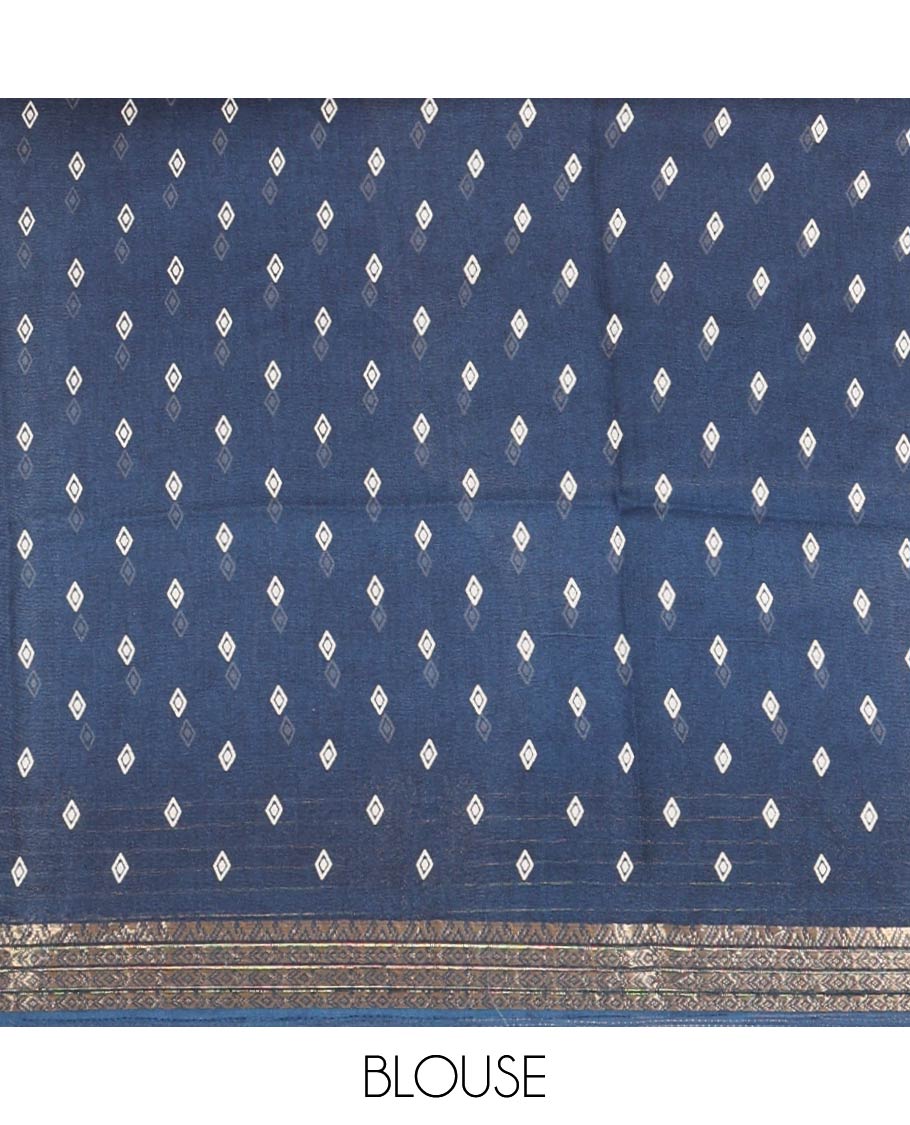 Blue bandhani printed viscose moss chiffon saree, zari design border, floral-geometric printed pallu & diamond motif printed blouse