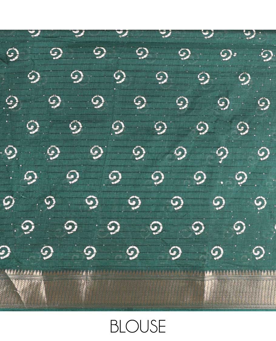 Green pathik print , sequins design dola silk saree with copper thread border & small pathik printed blouse