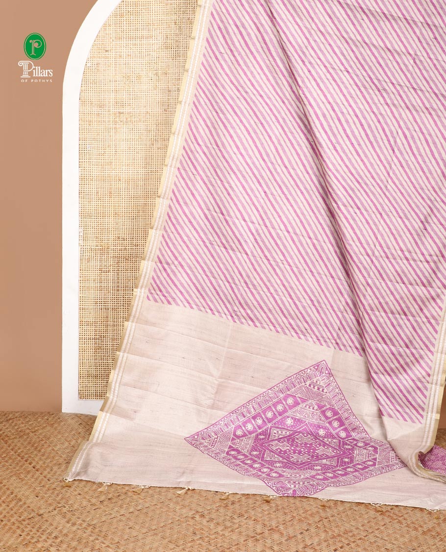 Lavender geometrical block print fancy tussar saree with zari diamond thread woven border & block print pallu along with printed blouse