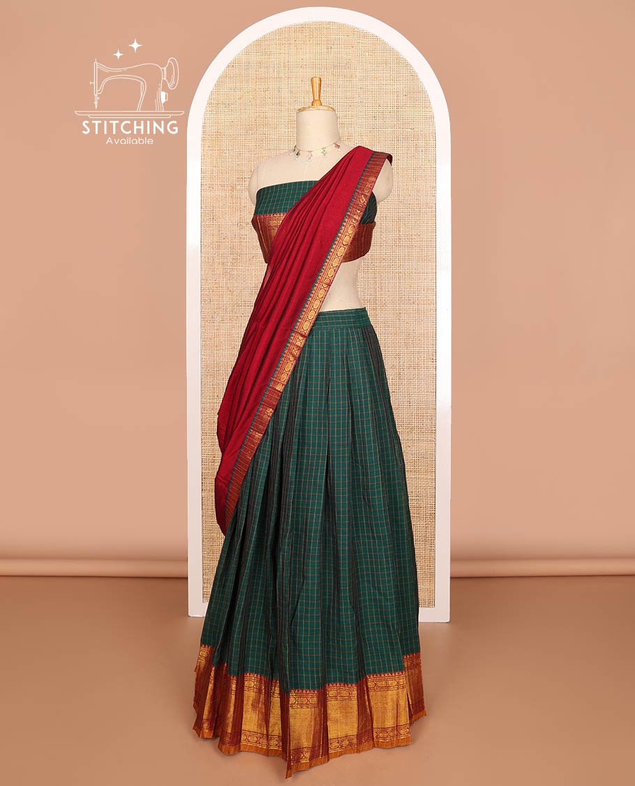 Dark green mercerised cotton daman zari border, checked design half saree with mercerised cotton checked blouse & skya georgette one side zari border work