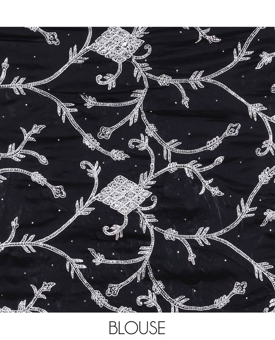 Black Designer Saree, Richly Detailed with Floral-Jaal Style Mixed Embroidery on Its Body, Highlighted by Jaal-Patterned Scallop Embroidered Border, Self-Design Pallu, and Paired with a Heavy Embroidered Matching Blouse